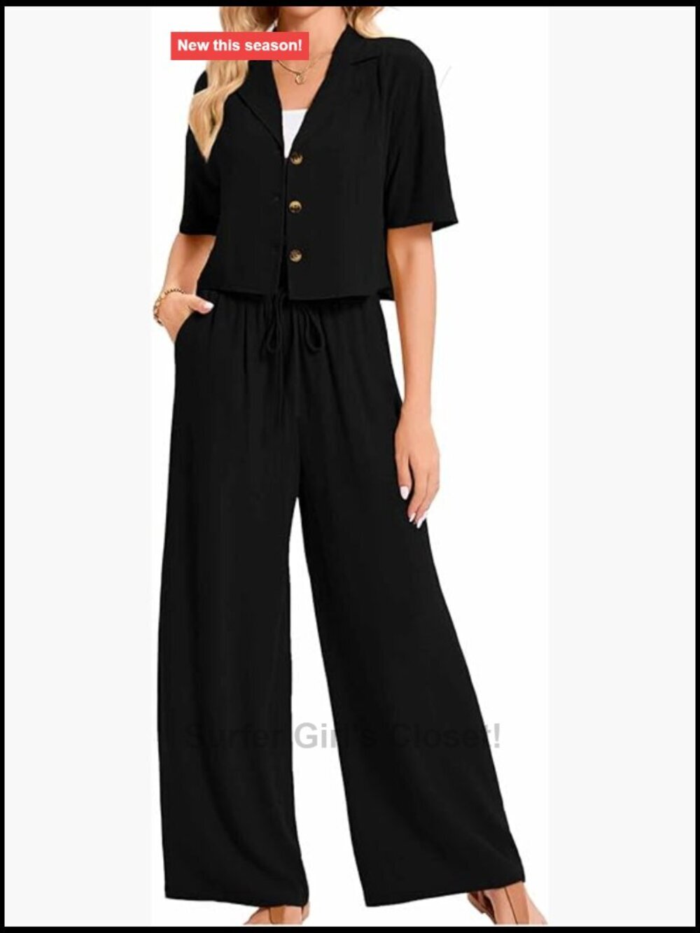 Linen women's two-piece button top and drawstring pants set